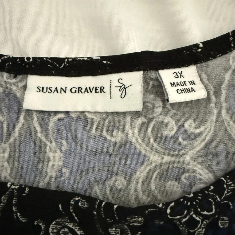 Susan Graver Blue Paisley Scroll Liquid Knit Tunic Top 3X Long Sleeve Office - Picture 6 of 6